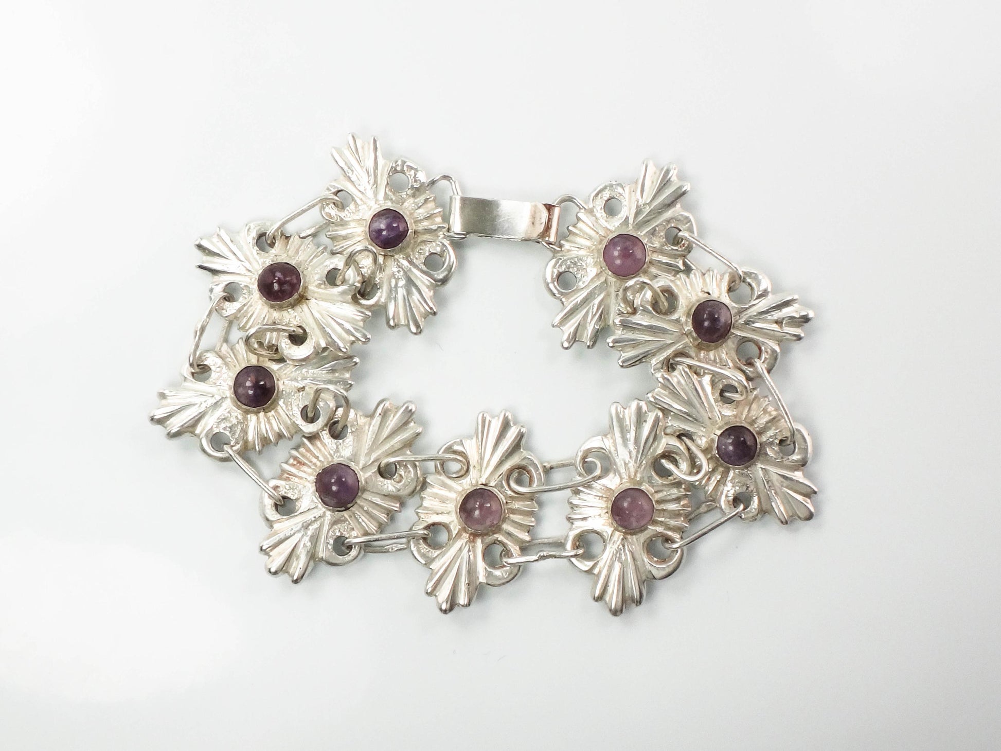 Vintage Mexico Silver Amethyst Bracelet: Ornate Handmade Panel Design
