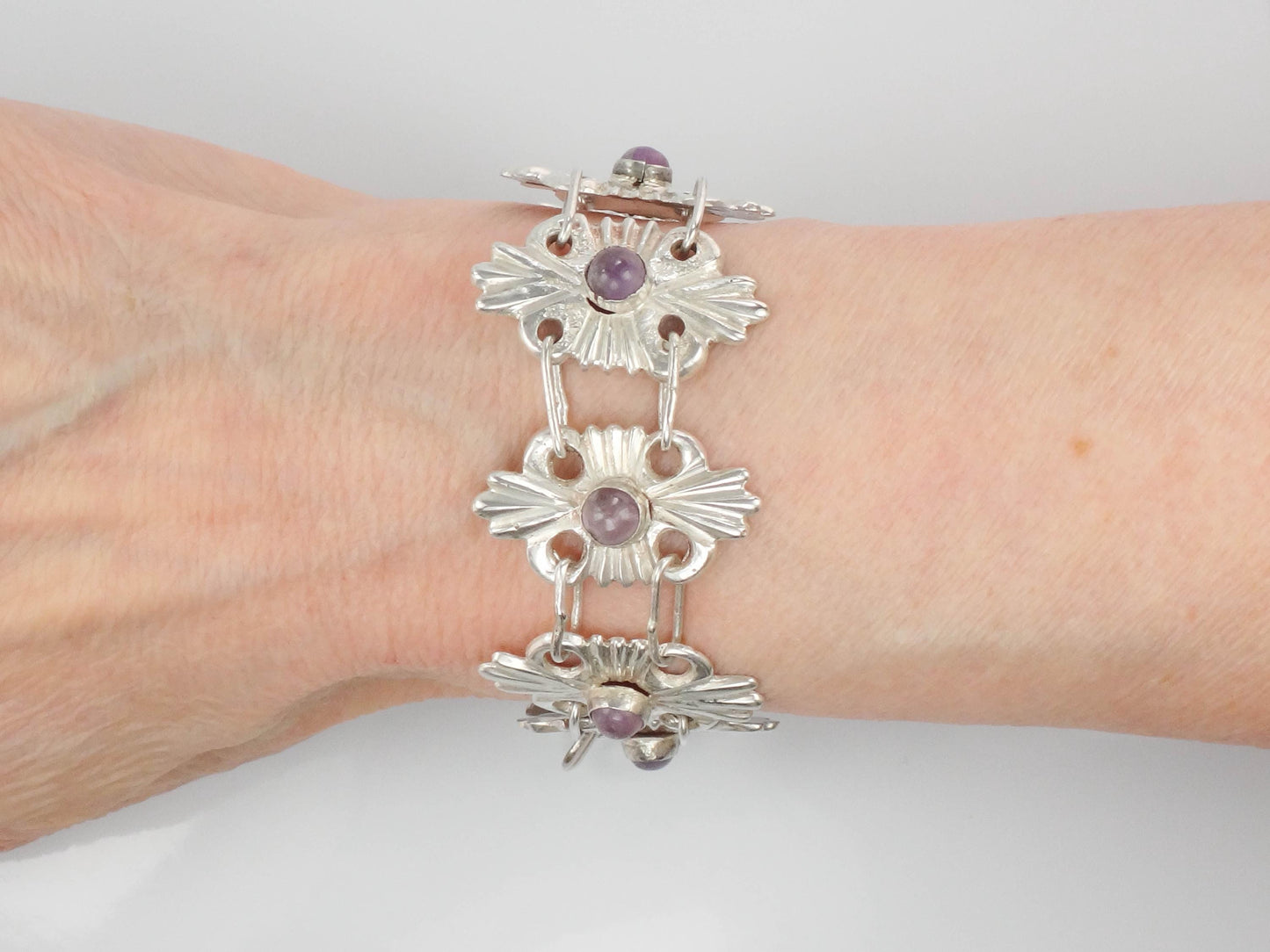 Vintage Mexico Silver Amethyst Bracelet: Ornate Handmade Panel Design