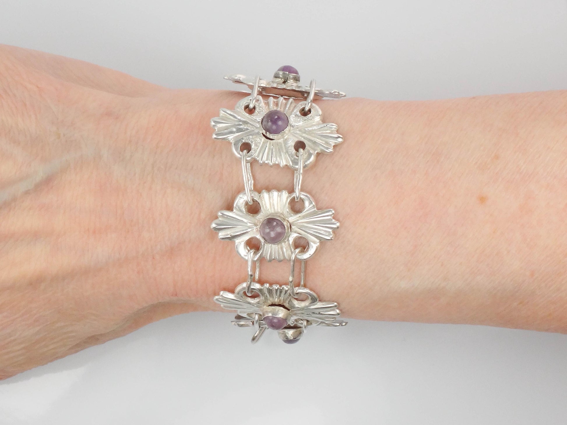 Vintage Mexico Silver Amethyst Bracelet: Ornate Handmade Panel Design