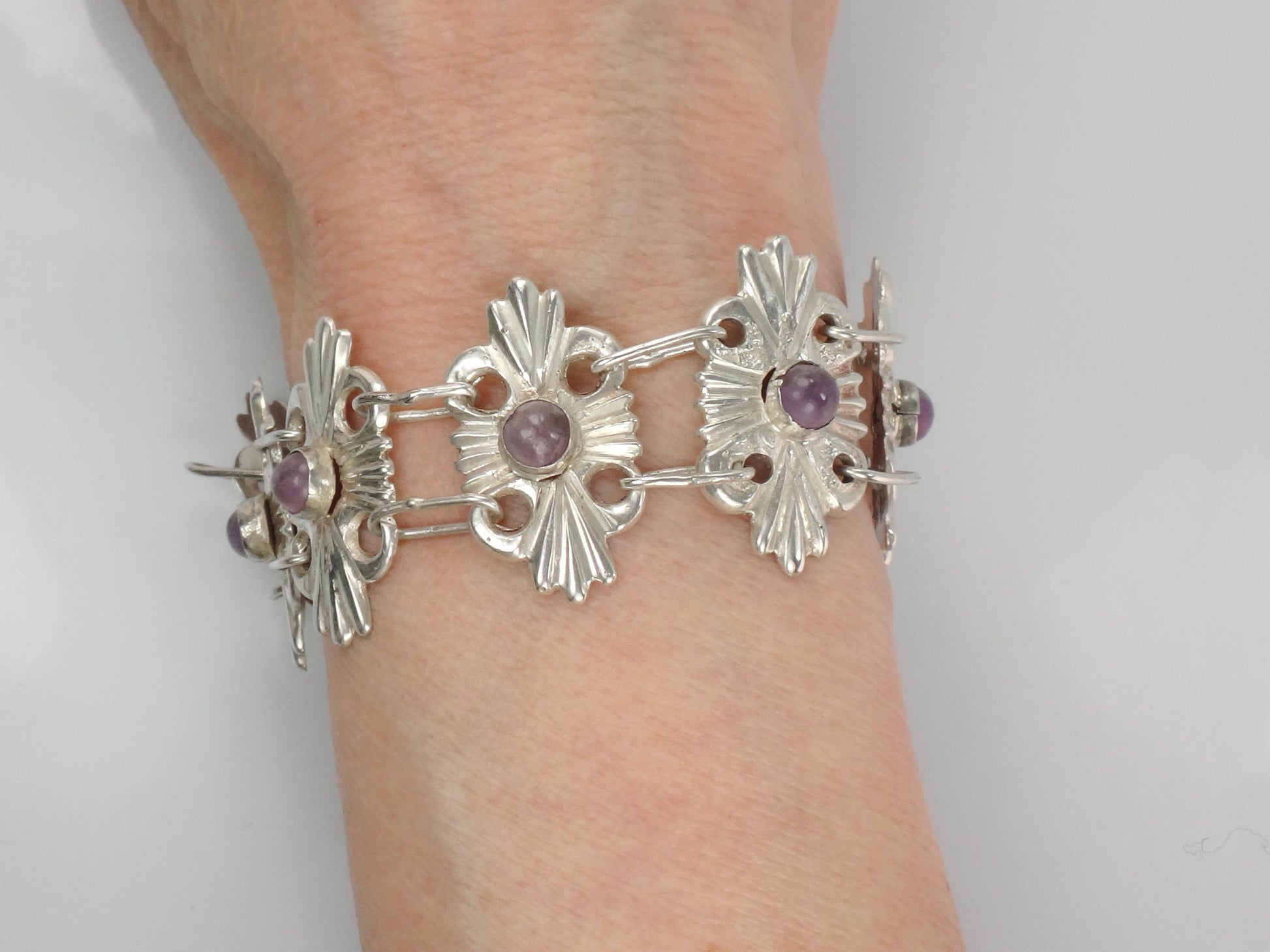 Vintage Mexico Silver Amethyst Bracelet: Ornate Handmade Panel Design