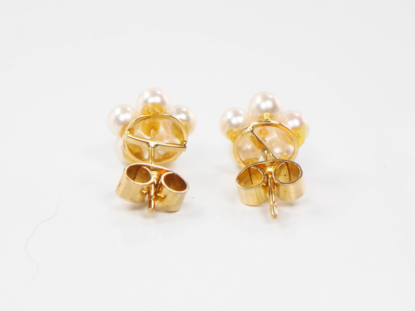 Vintage 14k Yellow Gold Cultured Pearl Daisy Stud Earrings, White Pearl Cluster Earrings, June Birthstone Bridal Earrings