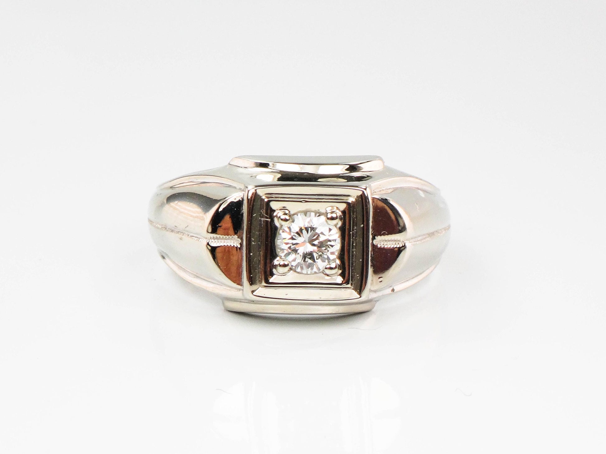 Vintage Art Carved 14k White Gold Diamond Men's Ring: 1960s Engagement Jewelry