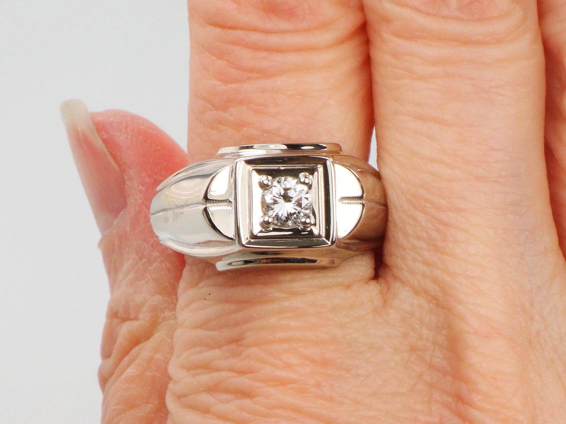 Vintage Art Carved 14k White Gold Diamond Men's Ring: 1960s Engagement Jewelry