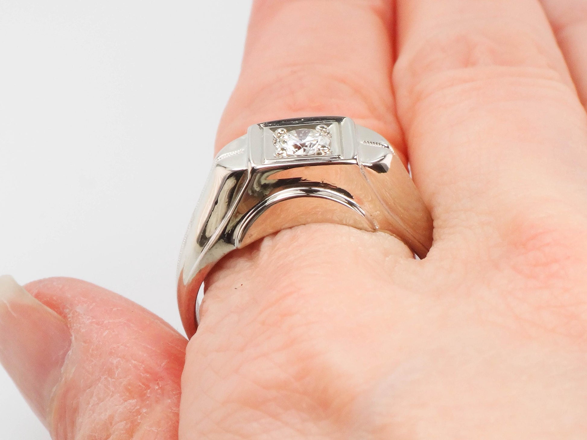 Vintage Art Carved 14k White Gold Diamond Men's Ring: 1960s Engagement Jewelry