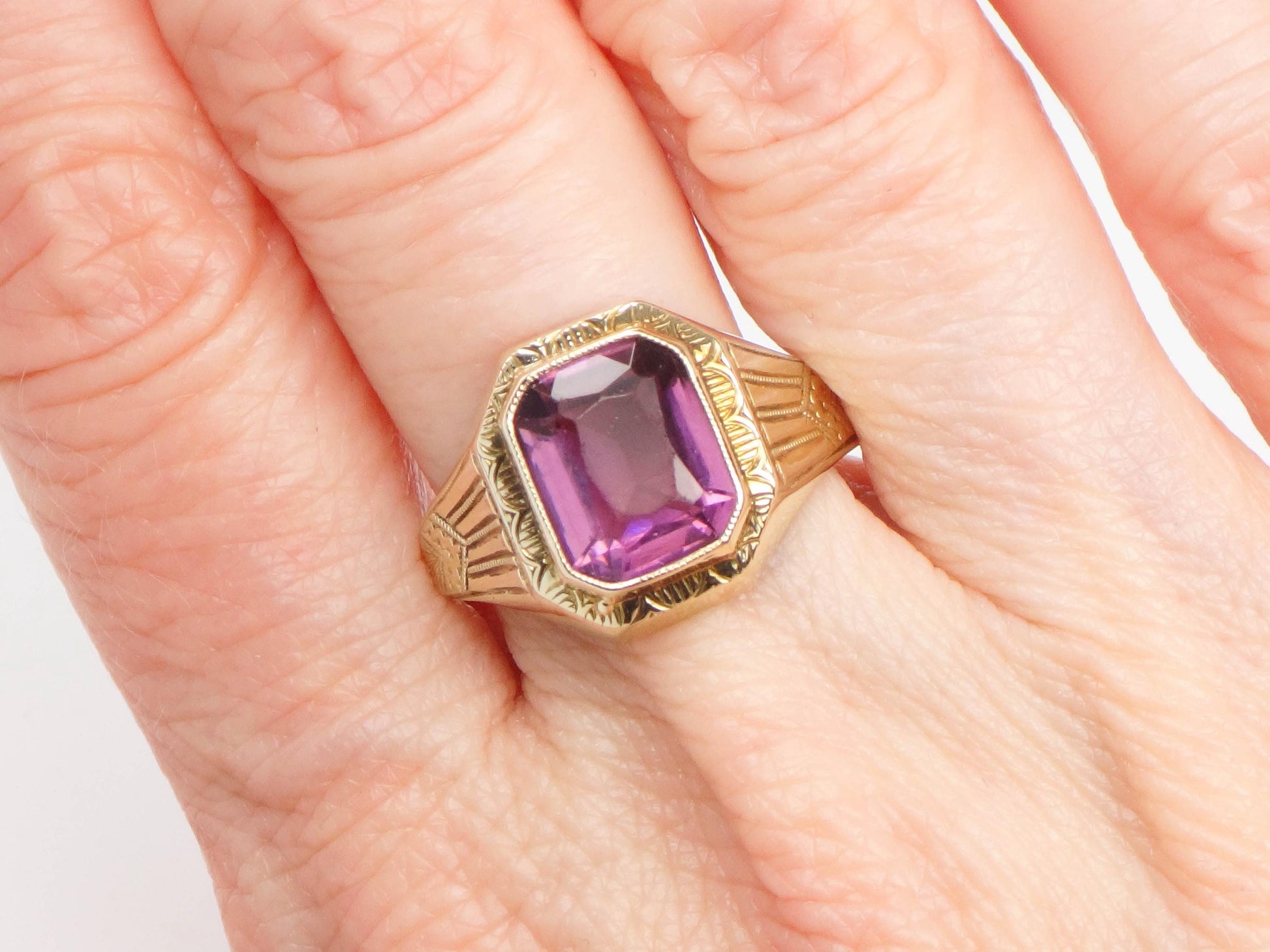 Vintage Art Deco 10k Gold Purple Glass Ring - Ostby Barton Size 8.25