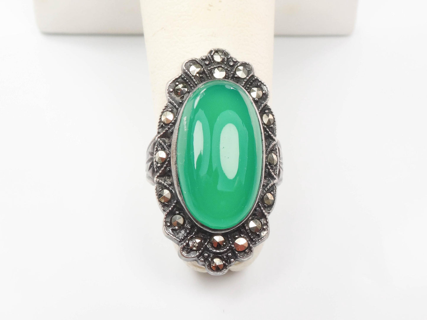 Vintage Sterling Green Glass Marcasite Ring, Sterling Silver Imitation Jade Ring, Uncas Manufacturing Co Art Deco Pinky Ring Approx Size 3.5