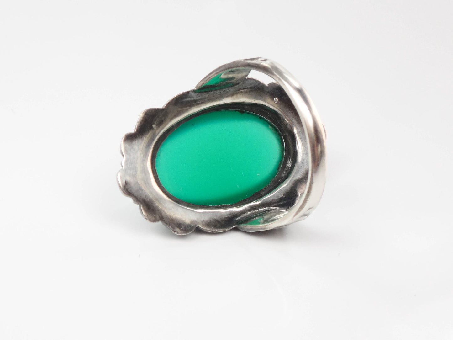 Vintage Sterling Green Glass Marcasite Ring, Sterling Silver Imitation Jade Ring, Uncas Manufacturing Co Art Deco Pinky Ring Approx Size 3.5