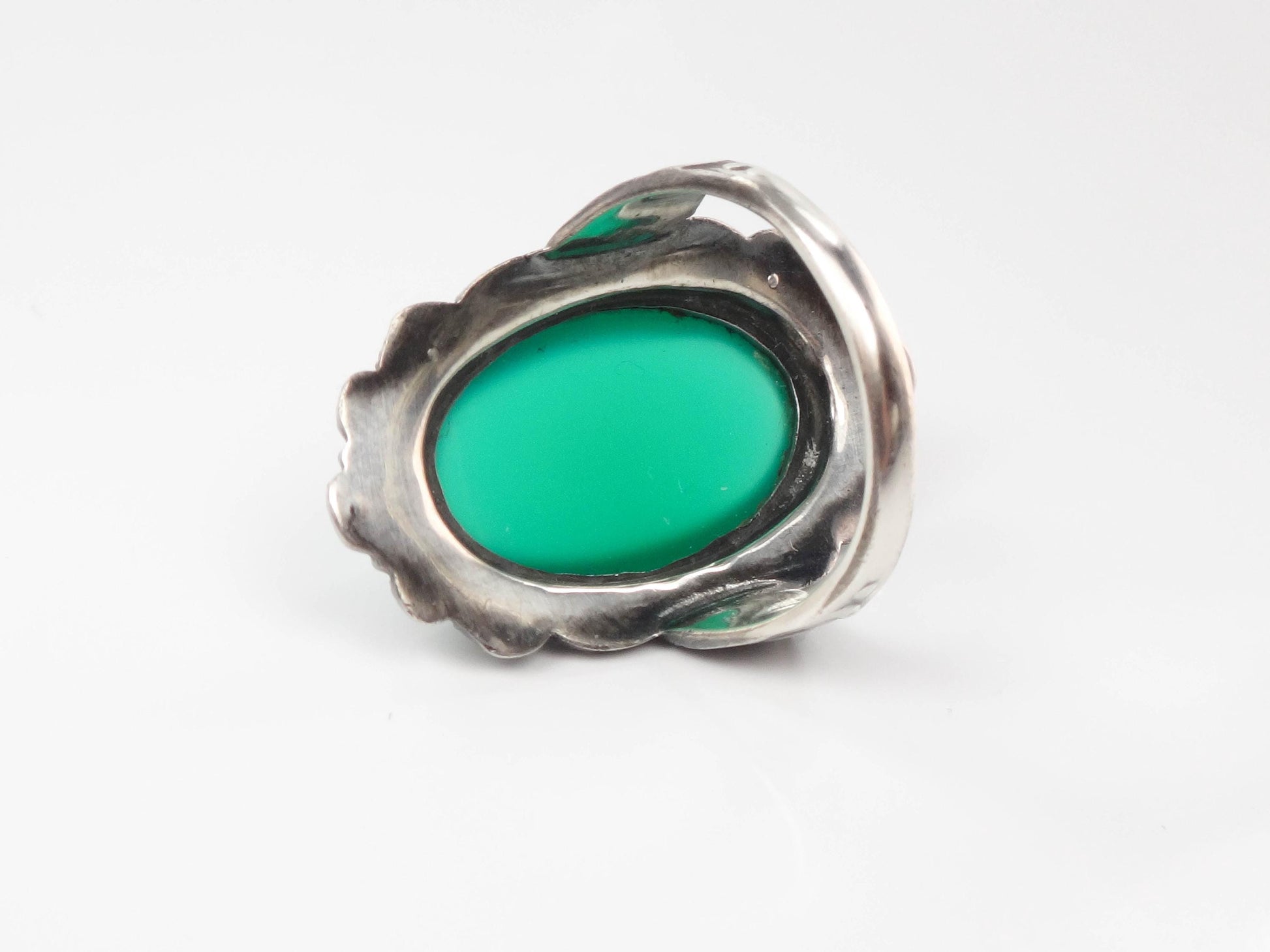 Vintage Art Deco Sterling Silver Marcasite Green Glass Ring - Size 3.5