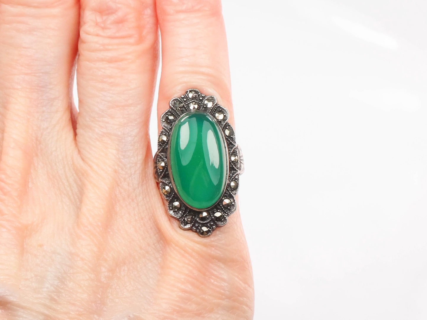 Vintage Sterling Green Glass Marcasite Ring, Sterling Silver Imitation Jade Ring, Uncas Manufacturing Co Art Deco Pinky Ring Approx Size 3.5