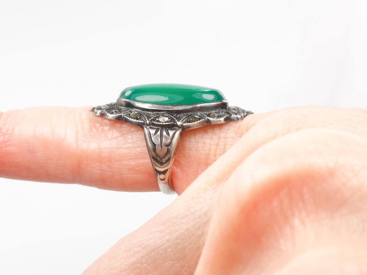 Vintage Sterling Green Glass Marcasite Ring, Sterling Silver Imitation Jade Ring, Uncas Manufacturing Co Art Deco Pinky Ring Approx Size 3.5