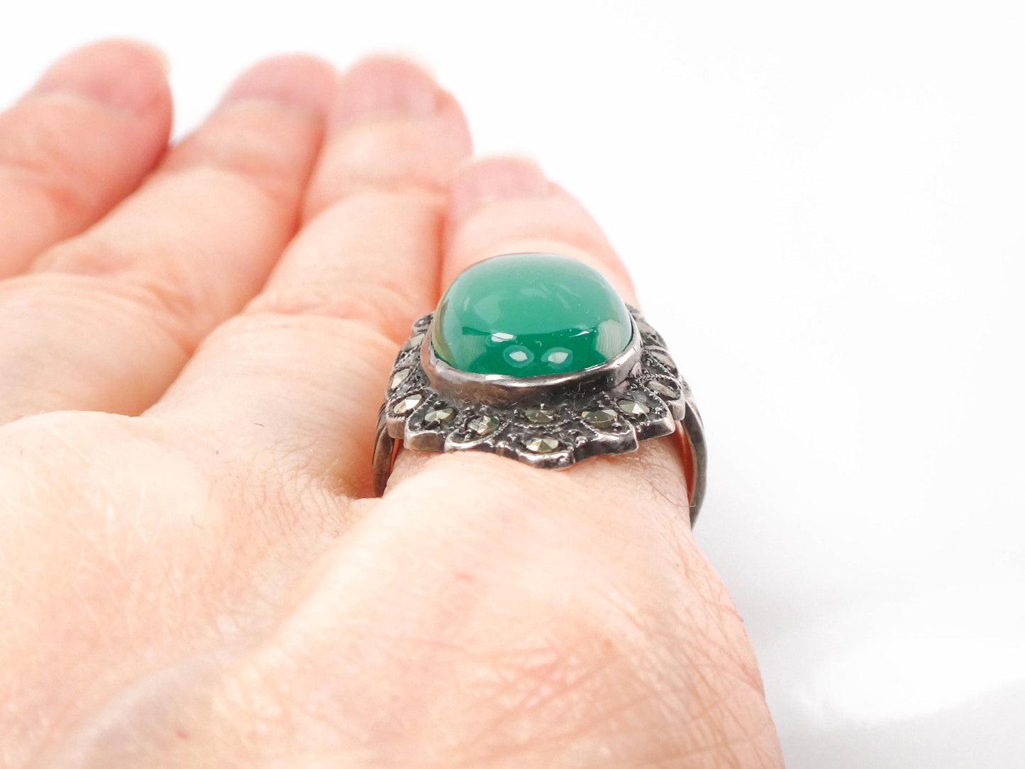 Vintage Sterling Green Glass Marcasite Ring, Sterling Silver Imitation Jade Ring, Uncas Manufacturing Co Art Deco Pinky Ring Approx Size 3.5