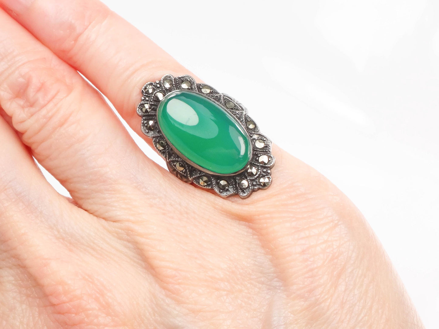 Vintage Sterling Green Glass Marcasite Ring, Sterling Silver Imitation Jade Ring, Uncas Manufacturing Co Art Deco Pinky Ring Approx Size 3.5