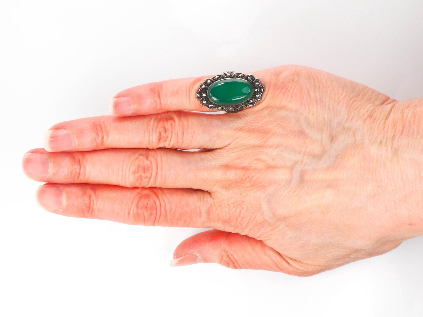 Vintage Sterling Green Glass Marcasite Ring, Sterling Silver Imitation Jade Ring, Uncas Manufacturing Co Art Deco Pinky Ring Approx Size 3.5