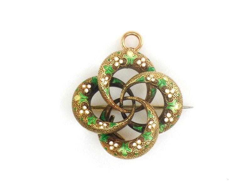 Antique Victorian 14k Gold Lover's Knot Pendant Pin with Green and White Enamel