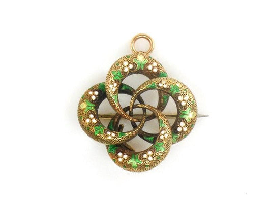 Antique Victorian 14k Gold Lover's Knot Pendant Pin with Green and White Enamel