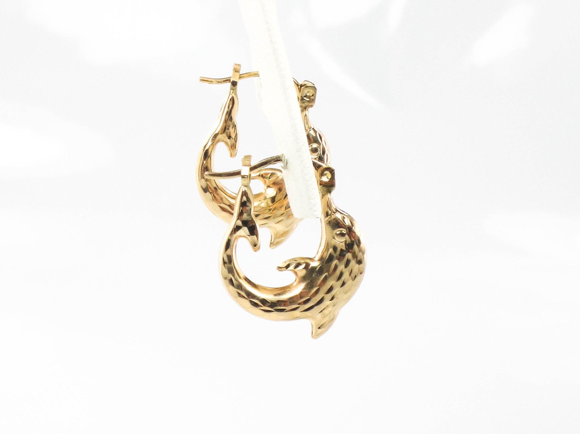 Dolphin Hoop Earrings - Vintage Hammered 10k Yellow Gold - Fine Jewelry