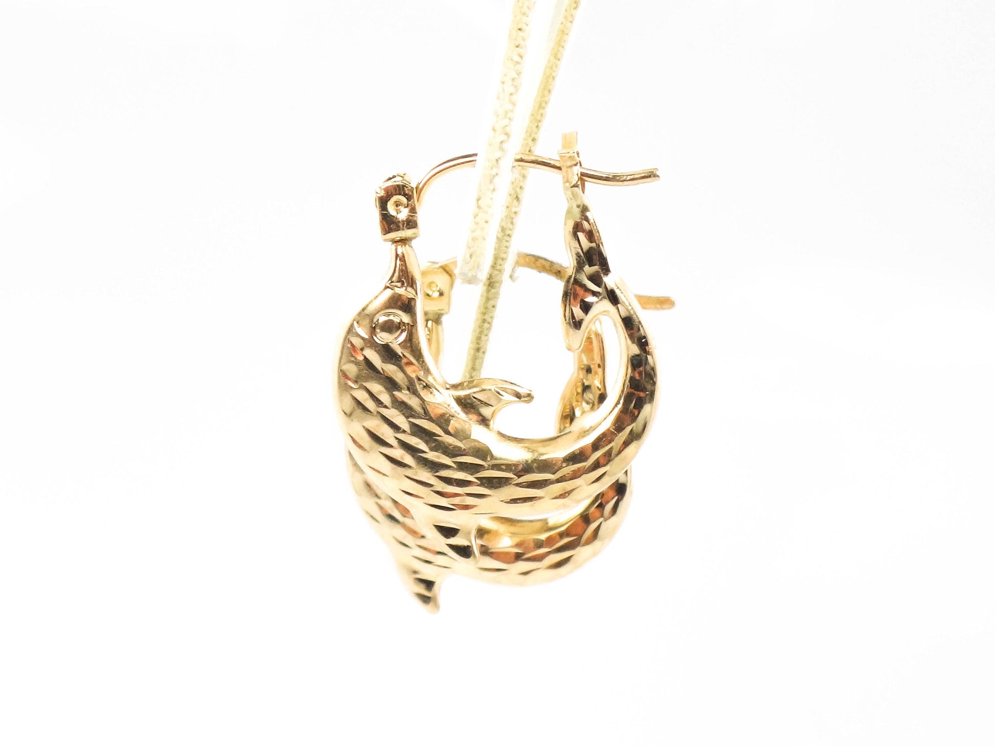 Dolphin Hoop Earrings - Vintage Hammered 10k Yellow Gold - Fine Jewelry