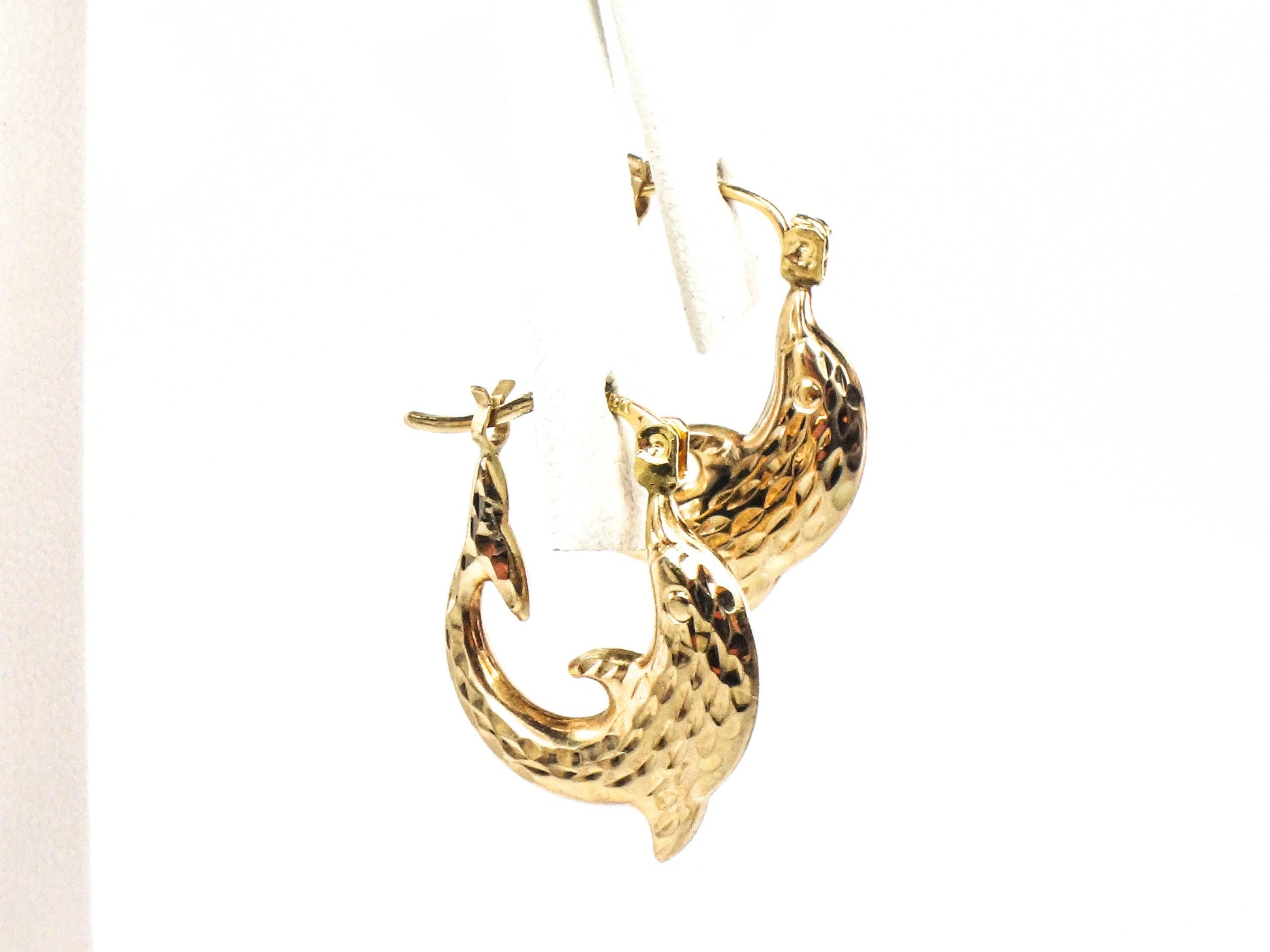 Dolphin Hoop Earrings - Vintage Hammered 10k Yellow Gold - Fine Jewelry