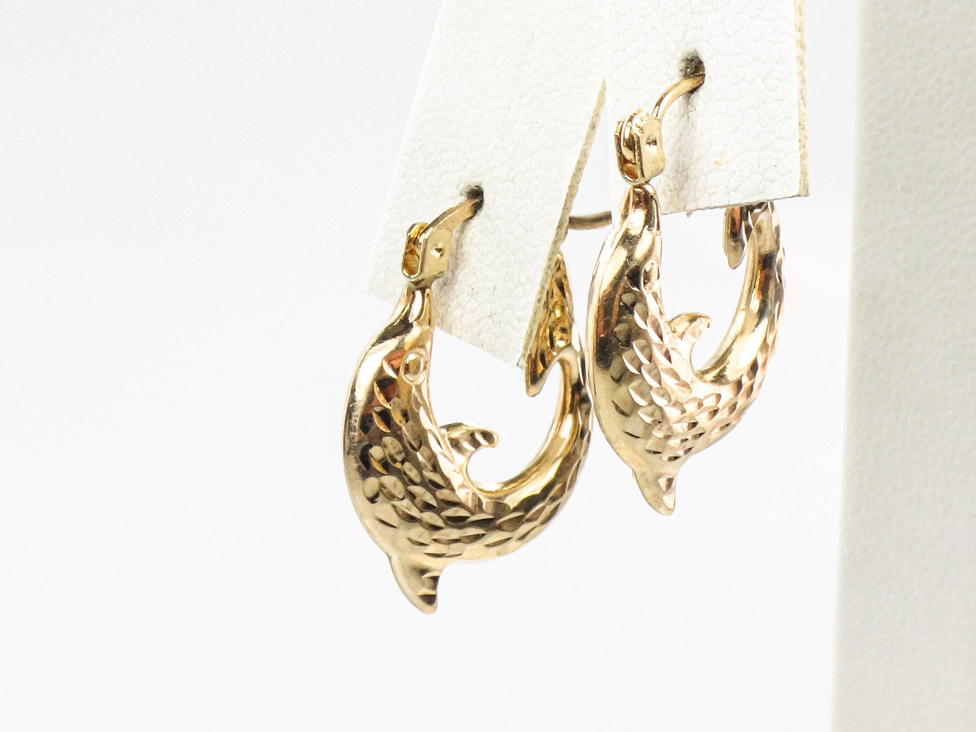 Dolphin Hoop Earrings - Vintage Hammered 10k Yellow Gold - Fine Jewelry