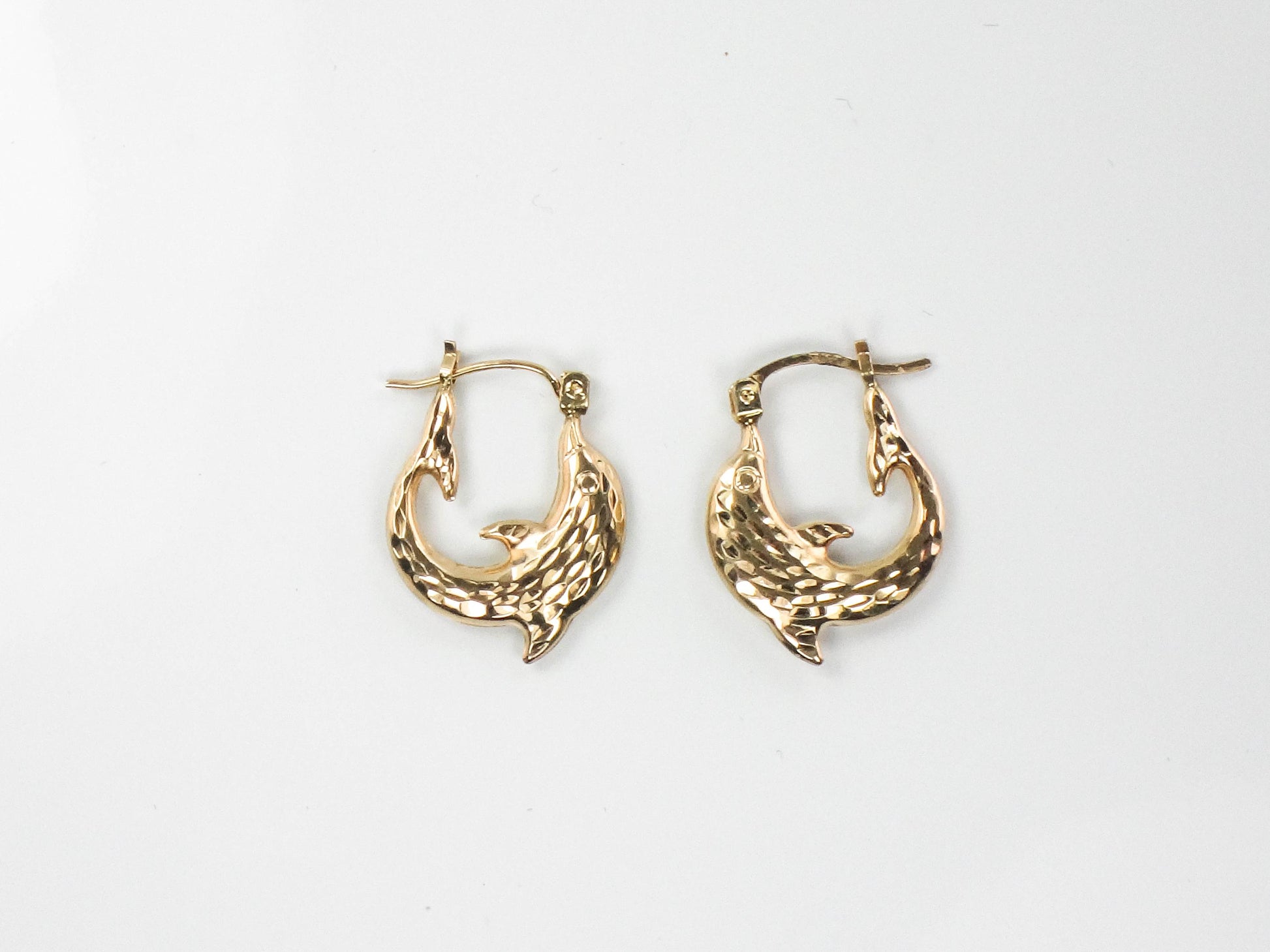 Dolphin Hoop Earrings - Vintage Hammered 10k Yellow Gold - Fine Jewelry