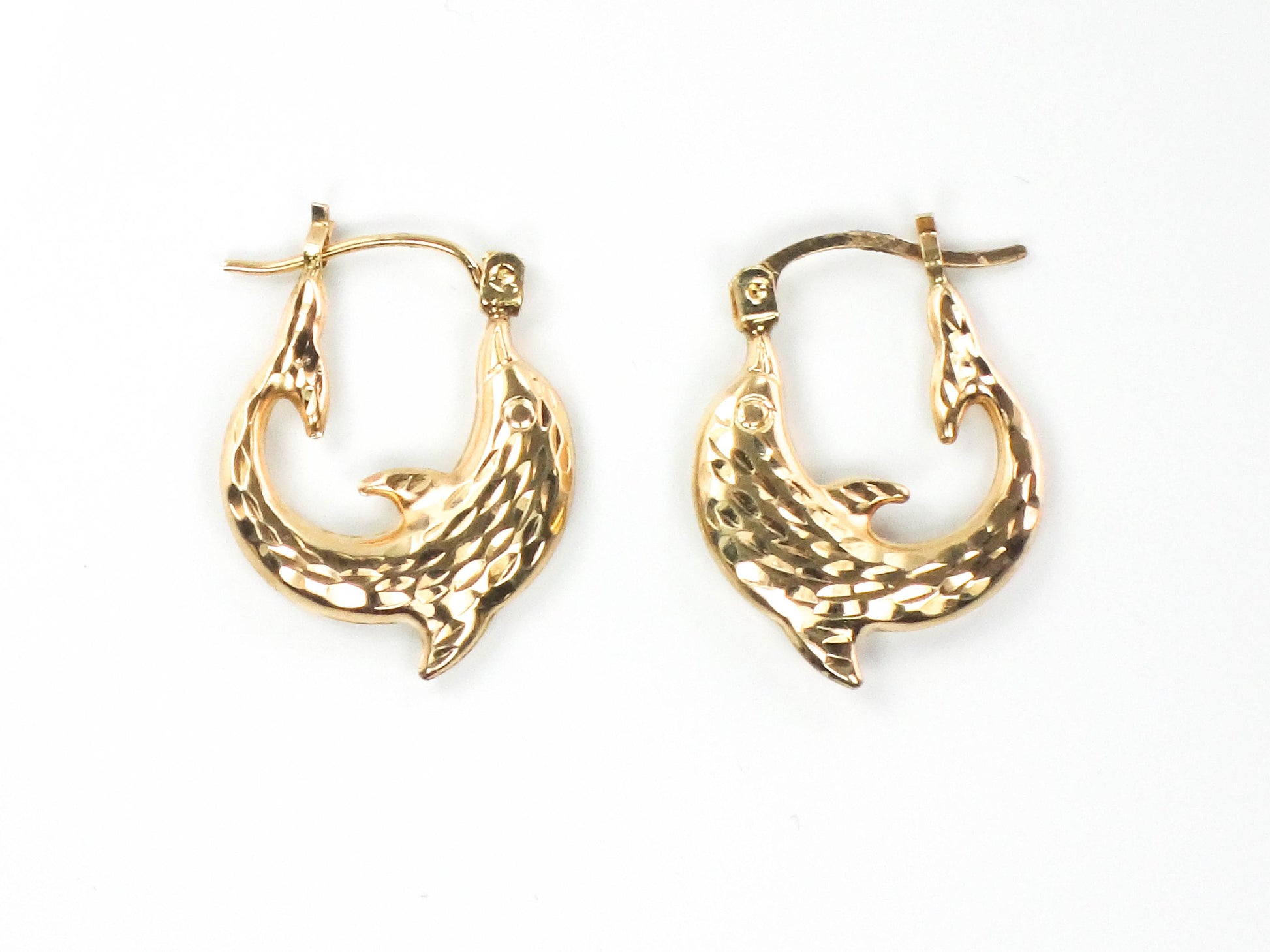 Dolphin Hoop Earrings - Vintage Hammered 10k Yellow Gold - Fine Jewelry