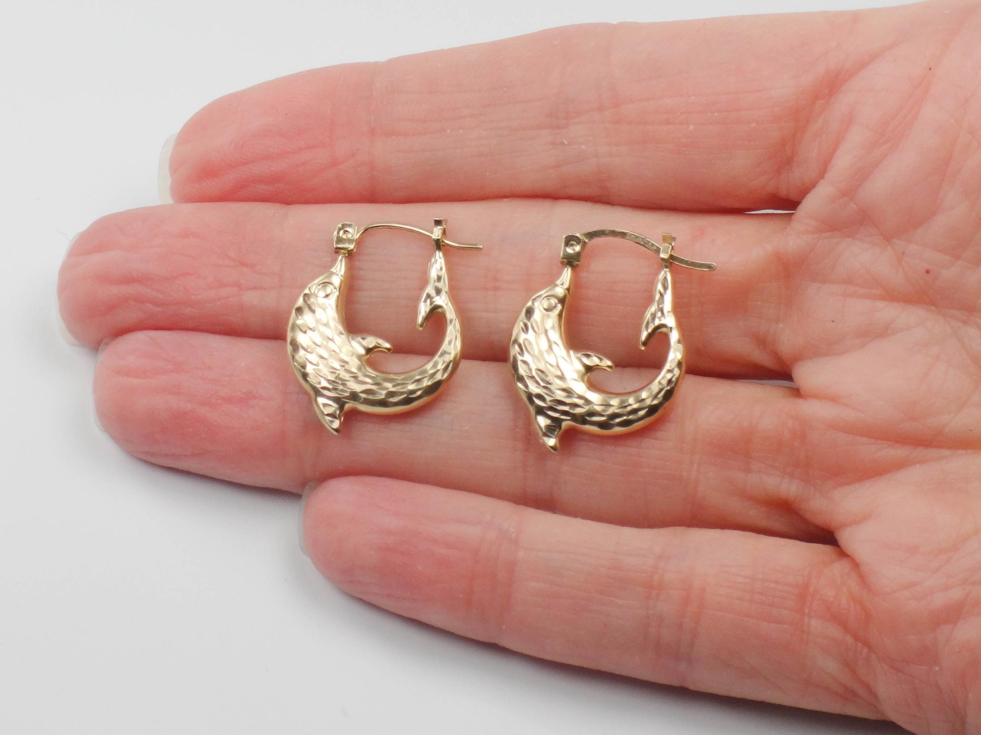 Dolphin Hoop Earrings - Vintage Hammered 10k Yellow Gold - Fine Jewelry
