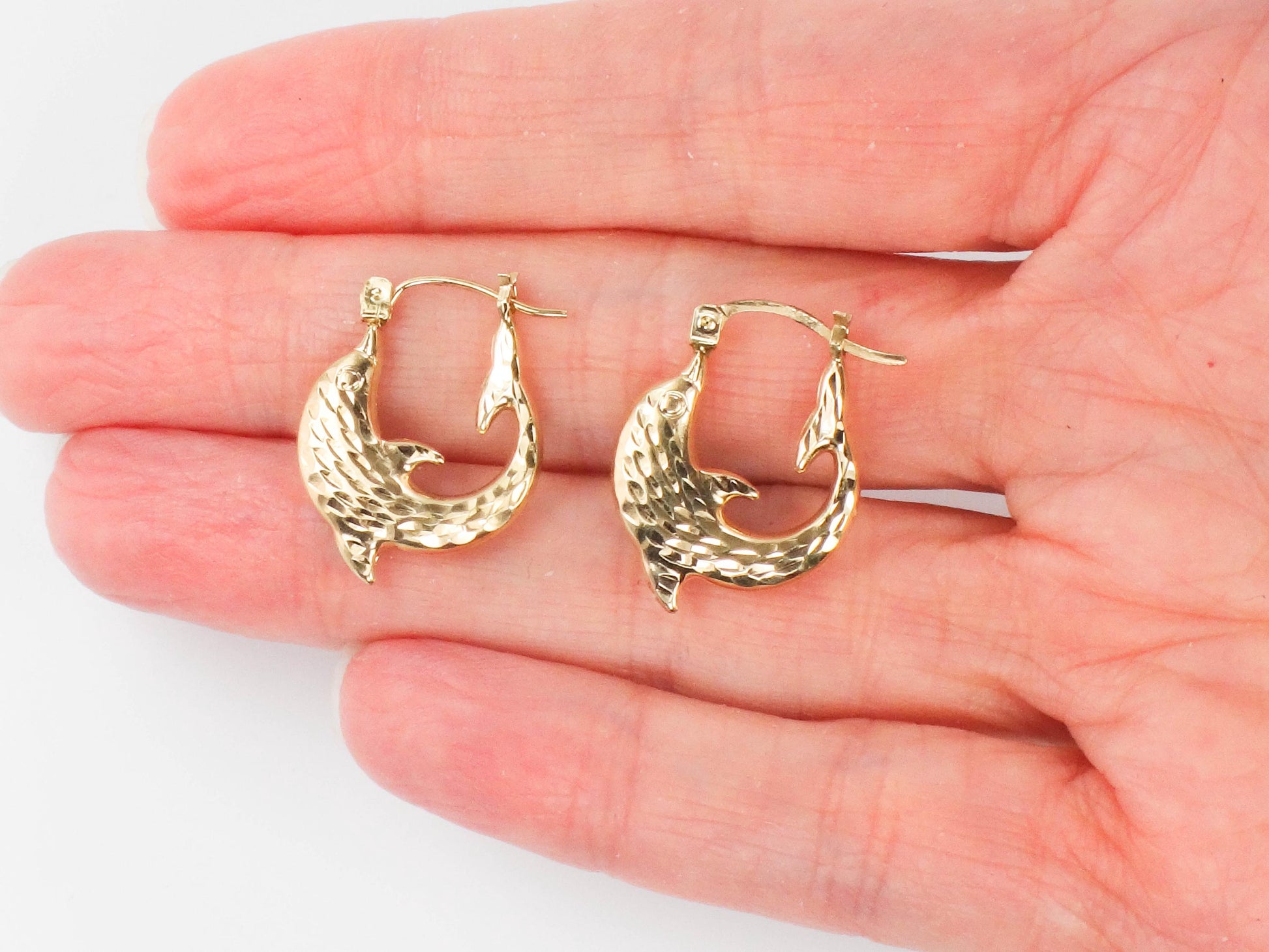 Dolphin Hoop Earrings - Vintage Hammered 10k Yellow Gold - Fine Jewelry