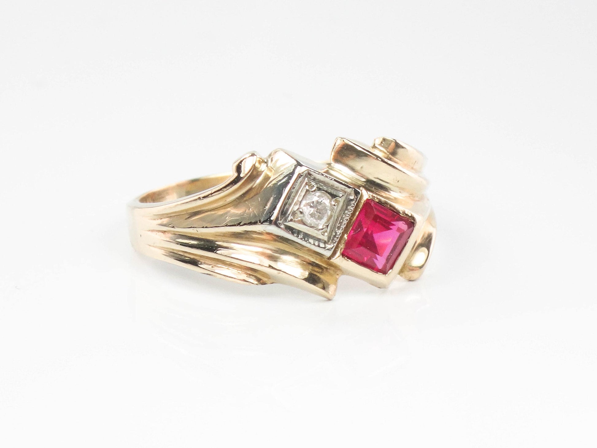 Vintage 14k Yellow Gold Ruby Diamond Ring - Retro 1960s Style, Size 5.5