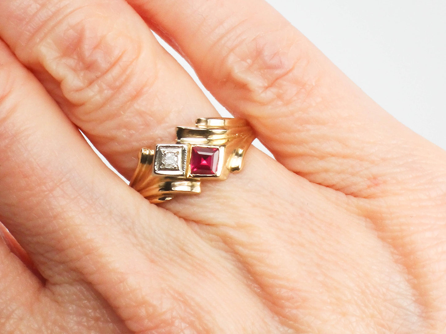 Vintage 14k Yellow Gold Ruby and Diamond Ring - Red July Birthstone Retro Style Circa 1960's - Size 5.5