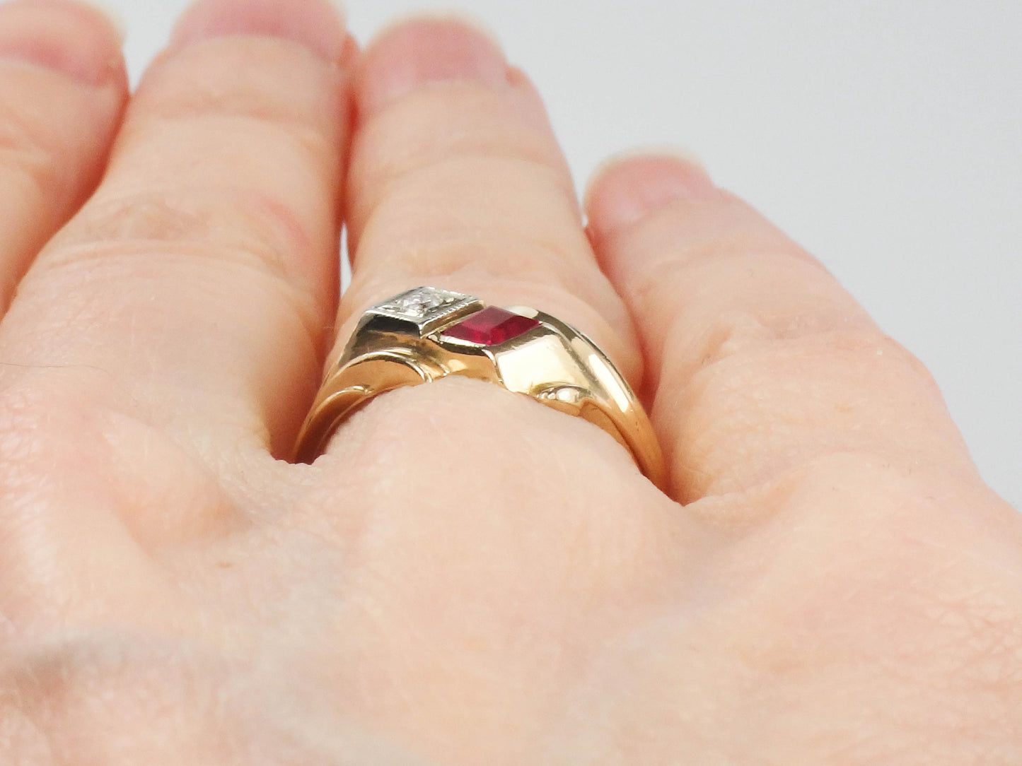 Vintage 14k Yellow Gold Ruby and Diamond Ring - Red July Birthstone Retro Style Circa 1960's - Size 5.5