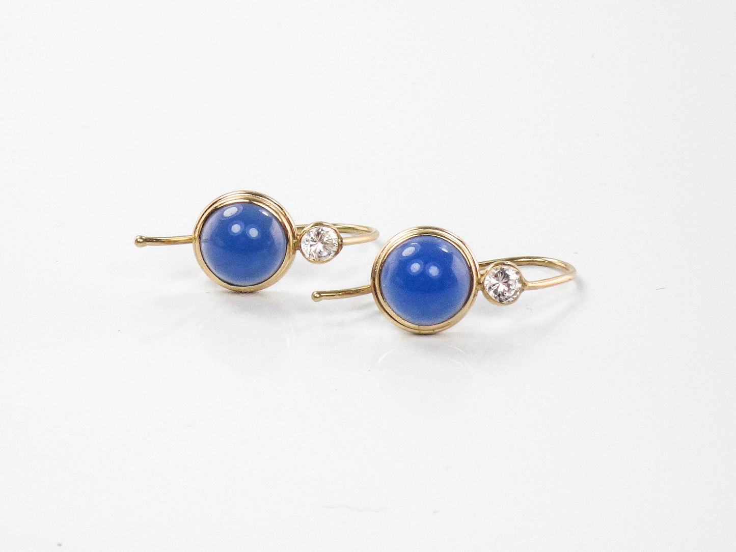 Vintage14k Yellow Gold Blue Cabachon and CZ Dangle Earrings