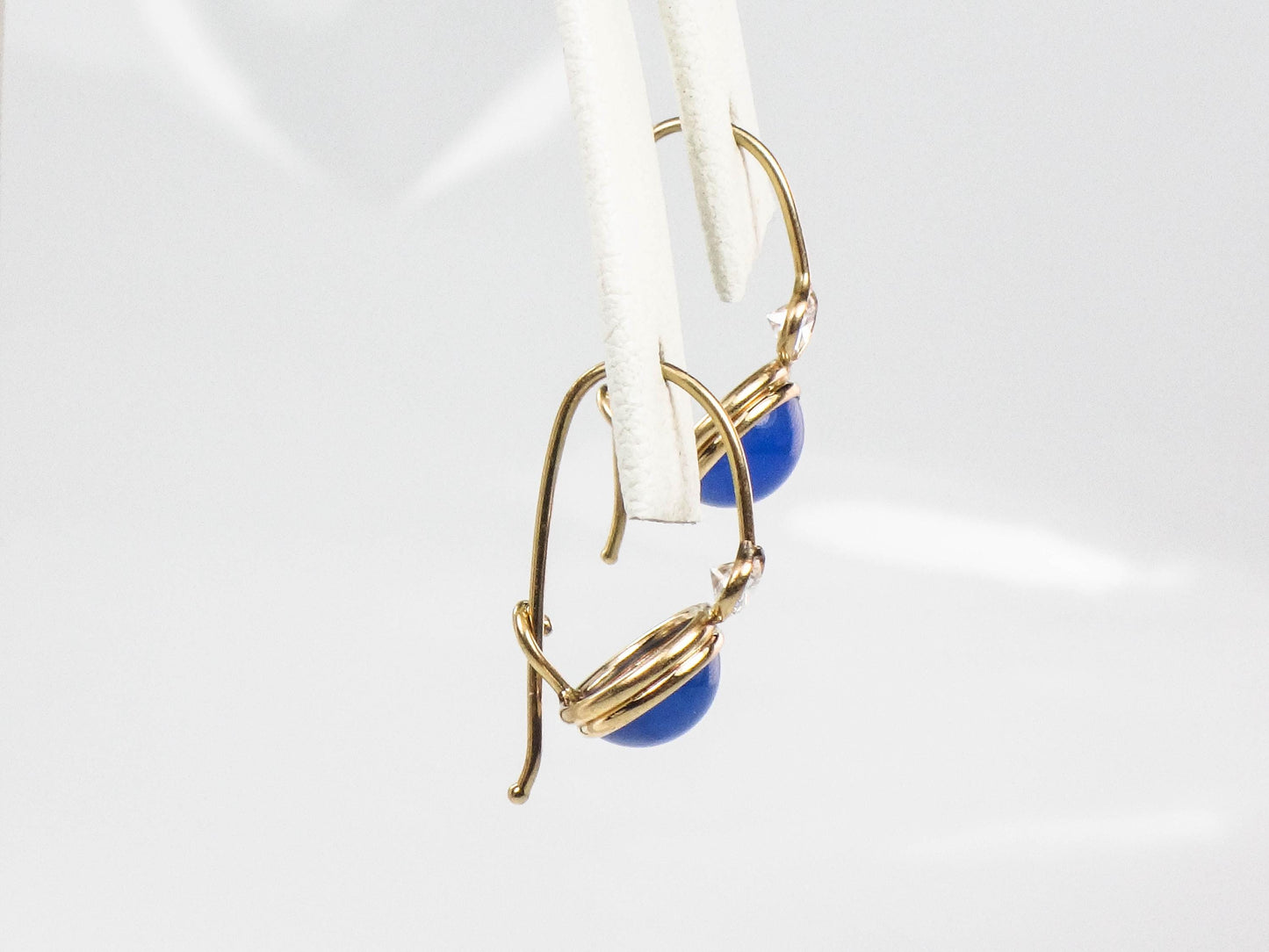 Vintage14k Yellow Gold Blue Cabachon and CZ Dangle Earrings