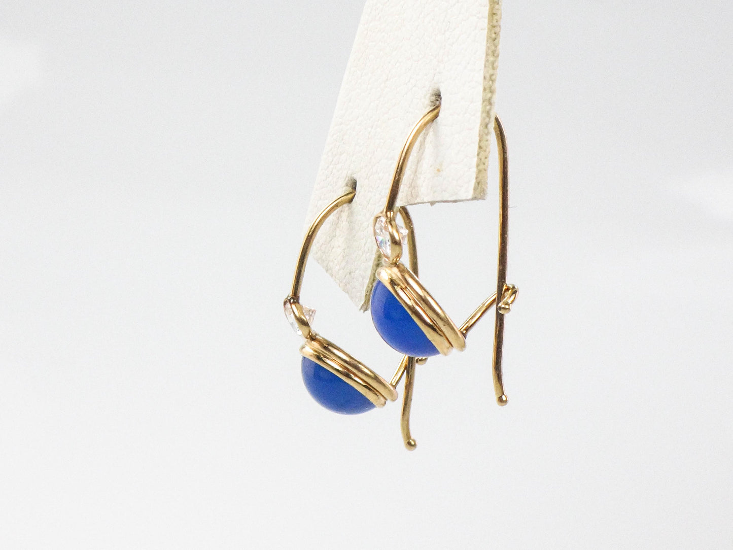 Vintage14k Yellow Gold Blue Cabachon and CZ Dangle Earrings