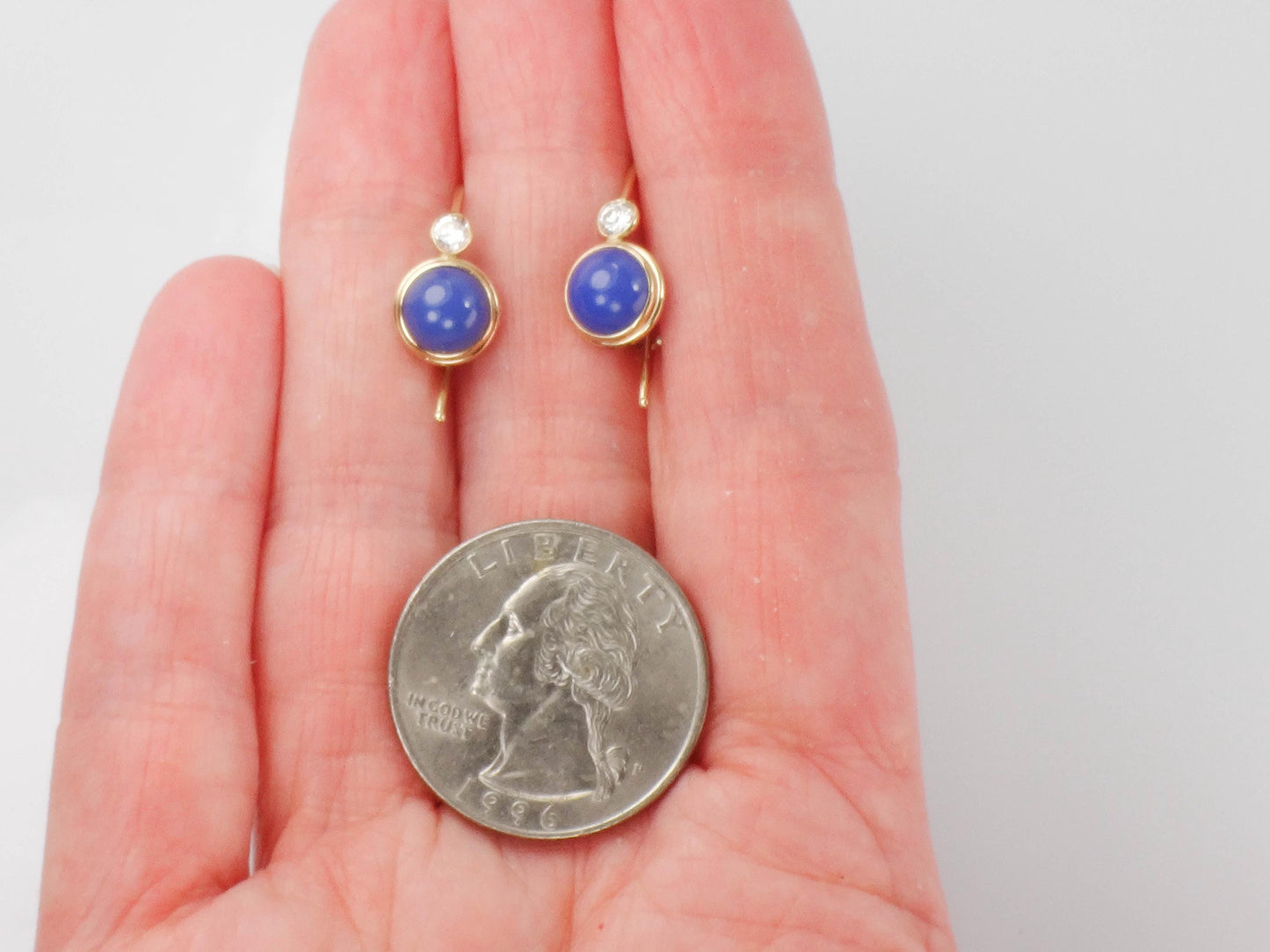 Vintage14k Yellow Gold Blue Cabachon and CZ Dangle Earrings