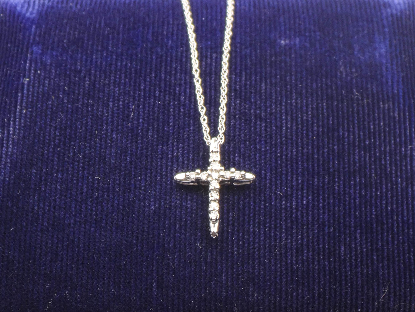 Vintage Small 10k White Gold Diamond Cross Pendant on 14k White Gold Pendant Chain, Cross Necklace 18"