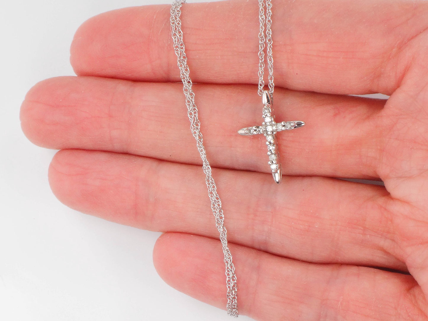 Vintage Small 10k White Gold Diamond Cross Pendant on 14k White Gold Pendant Chain, Cross Necklace 18"