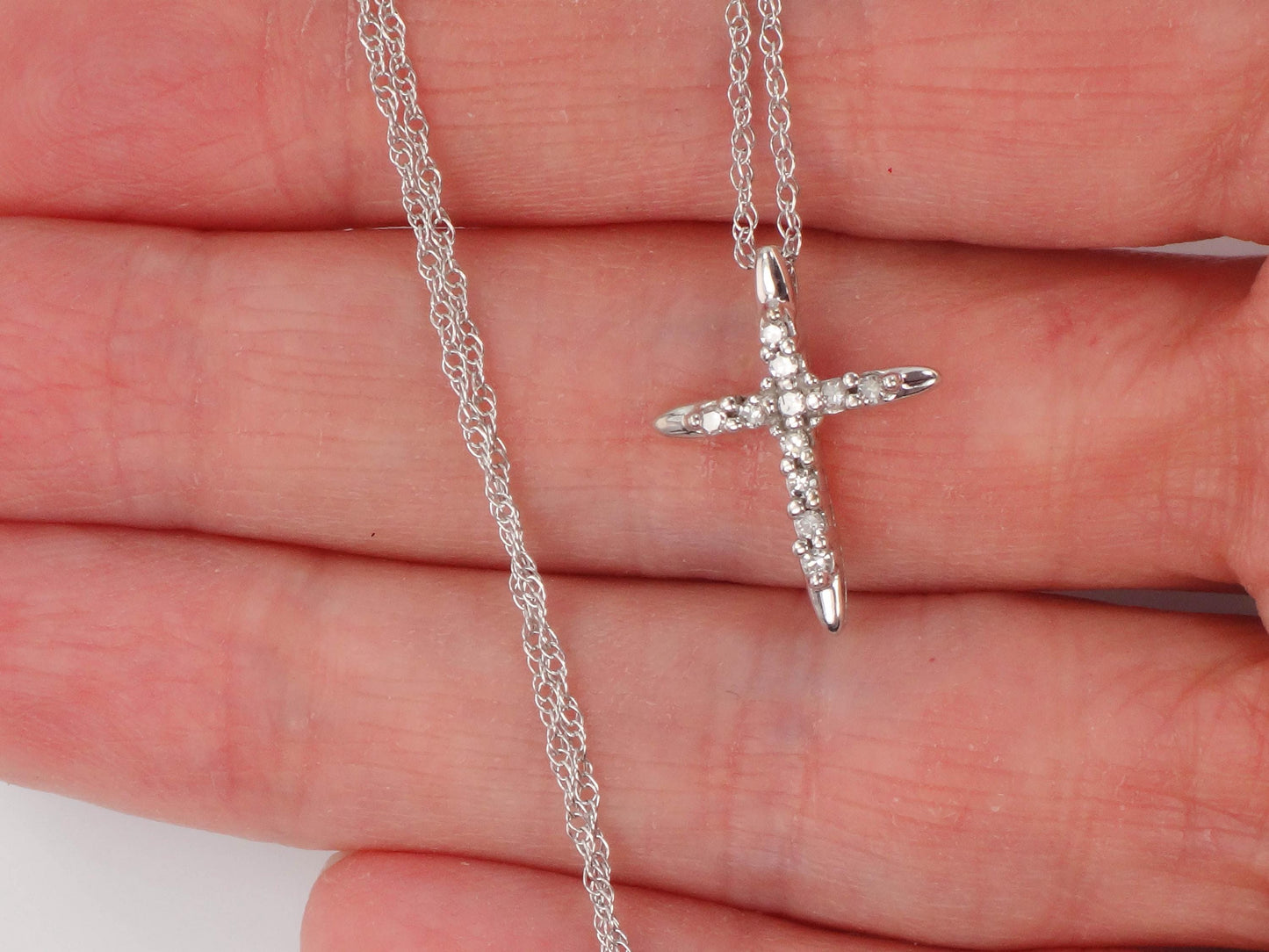 Vintage Small 10k White Gold Diamond Cross Pendant on 14k White Gold Pendant Chain, Cross Necklace 18"