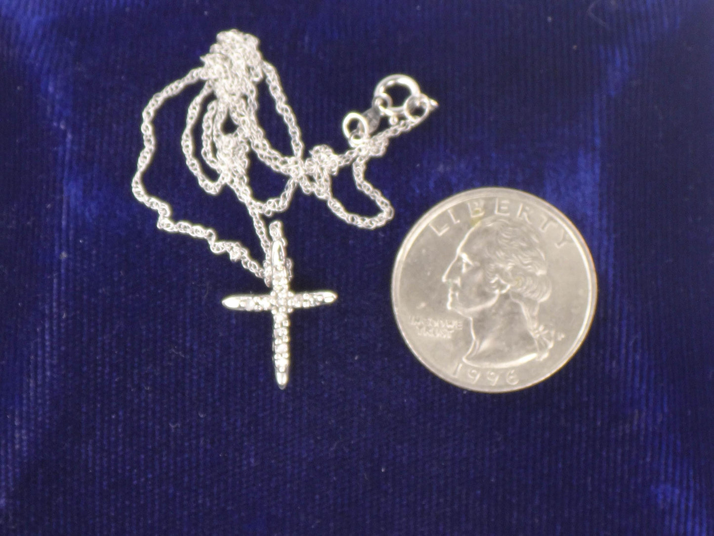 Vintage Small 10k White Gold Diamond Cross Pendant on 14k White Gold Pendant Chain, Cross Necklace 18"