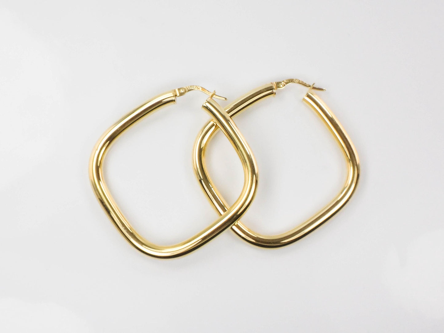 Large Gold Hoop Earrings - Vintage Italian 18k Yellow Hoops with Rounded Square Shape 1.25" 3.8 MM