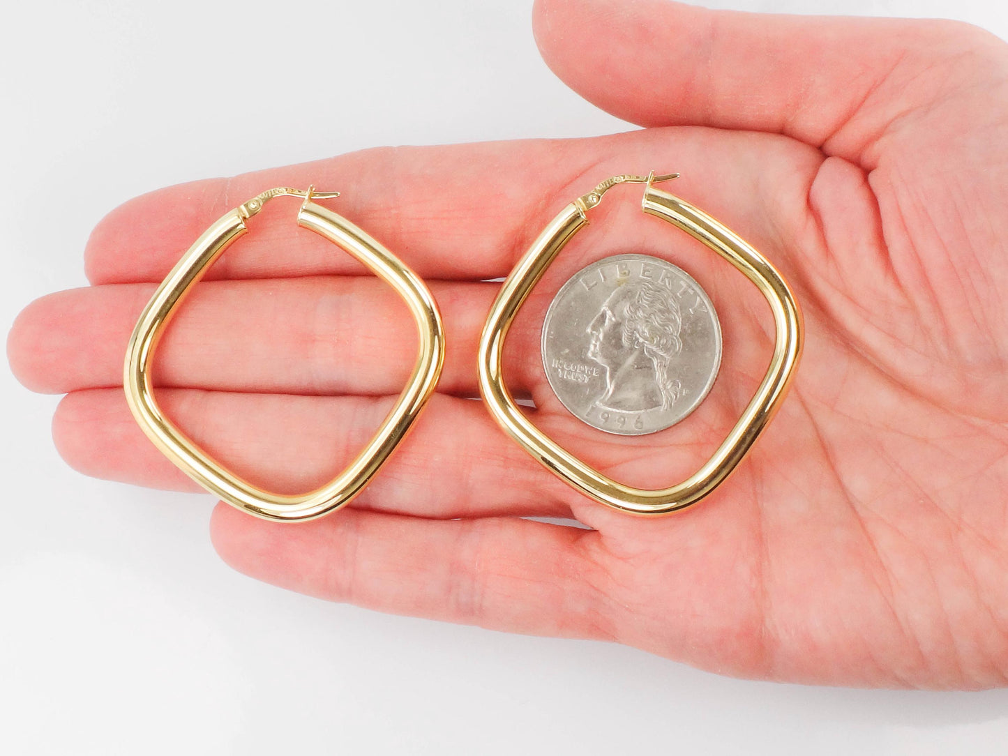 Large Gold Hoop Earrings - Vintage Italian 18k Yellow Hoops with Rounded Square Shape 1.25" 3.8 MM
