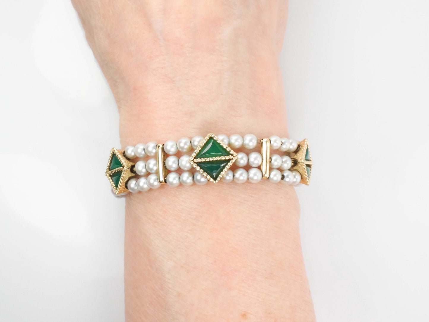 Lucien Piccard 14k Yellow Gold Triple Strand Gray Pearl Bracelet with Green Chrysoprase - Bridal Jewelry - Vintage Circa 1960’s - 7"