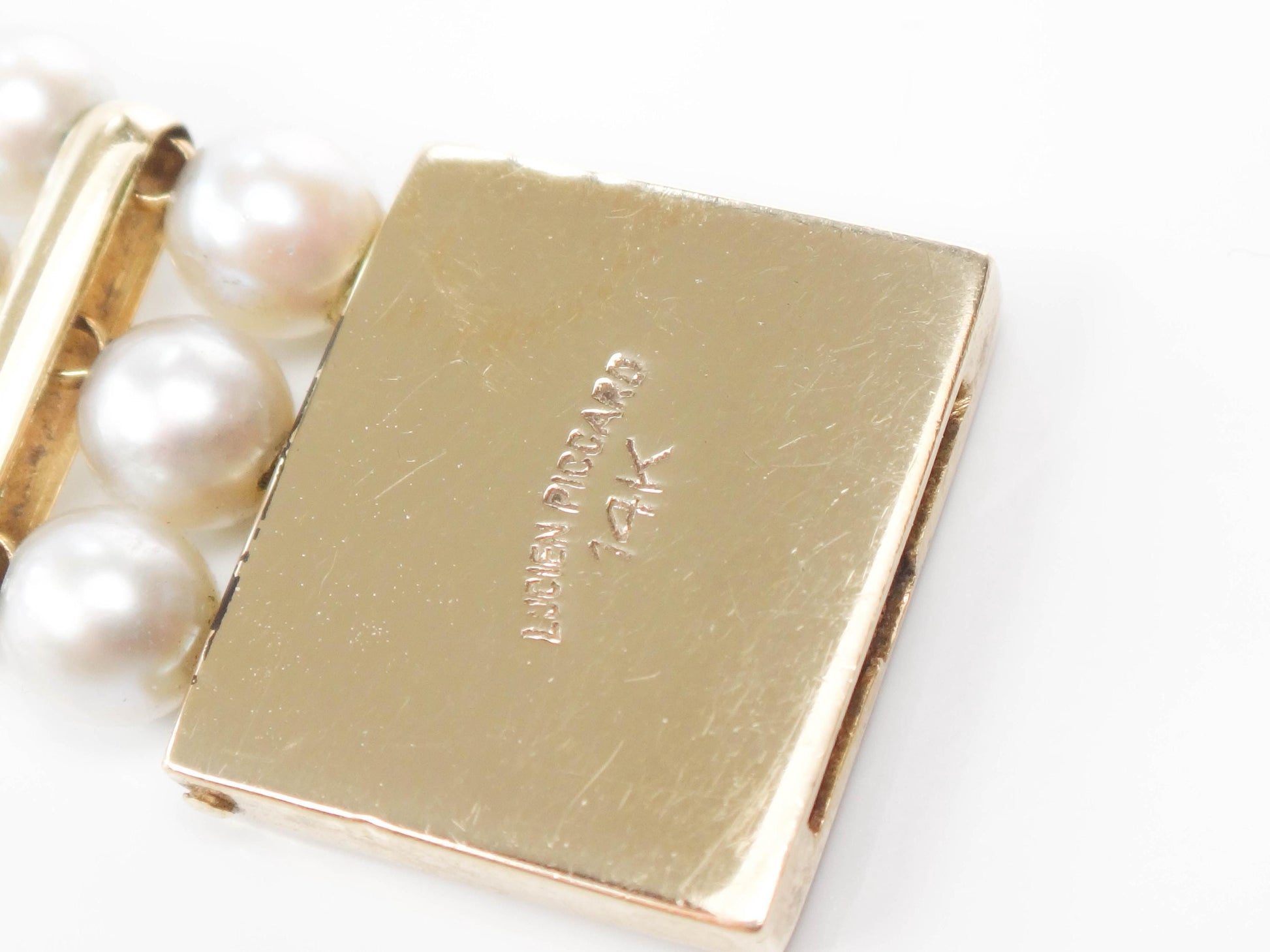 Vintage Lucien Piccard 14k Gold Gray Pearl & Chrysoprase Bracelet - 7" Triple Strand - 1960's