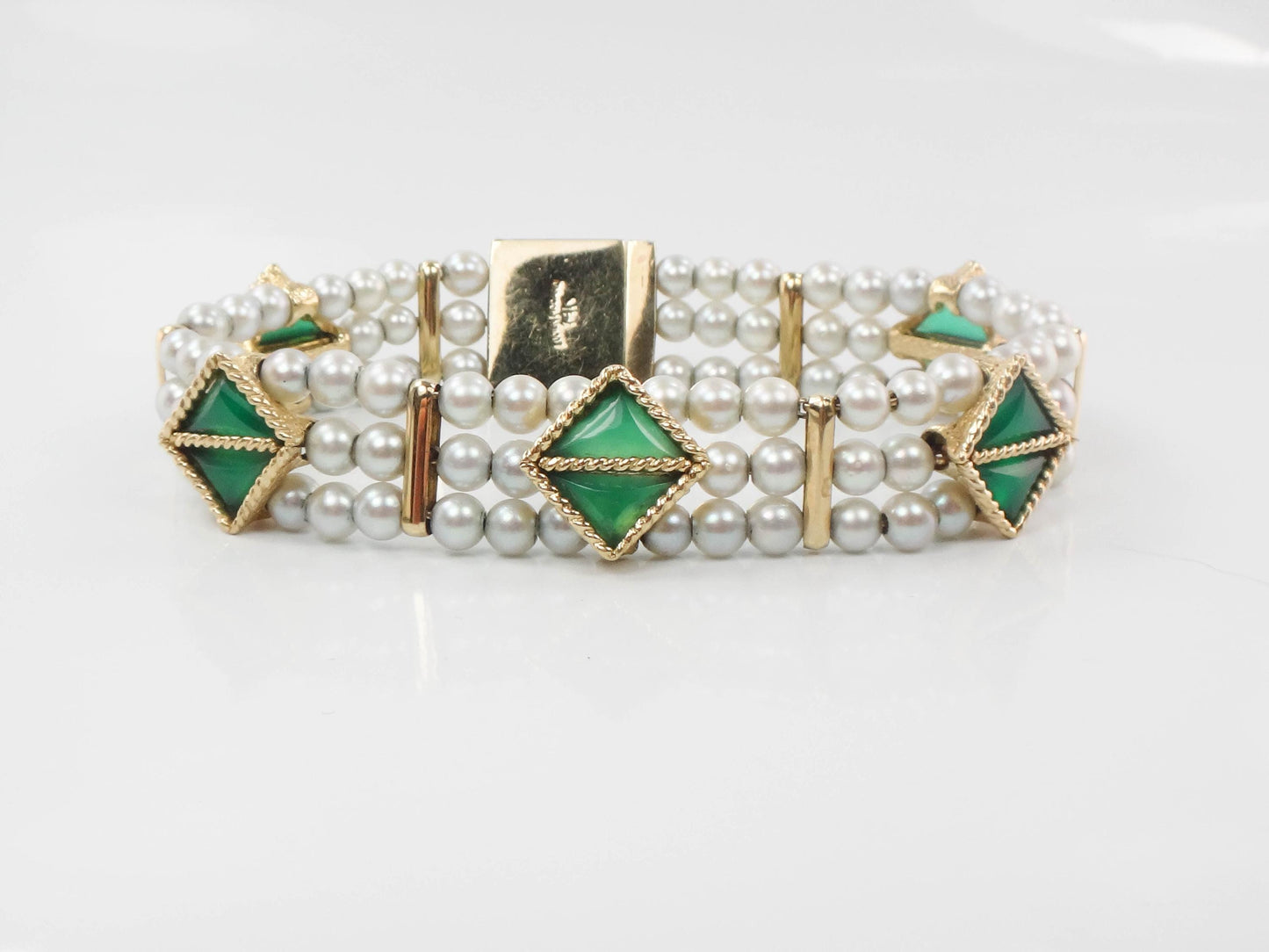 Lucien Piccard 14k Yellow Gold Triple Strand Gray Pearl Bracelet with Green Chrysoprase - Bridal Jewelry - Vintage Circa 1960’s - 7"
