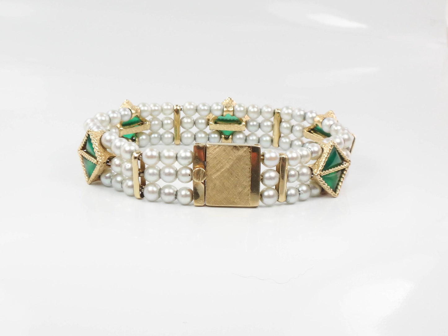 Lucien Piccard 14k Yellow Gold Triple Strand Gray Pearl Bracelet with Green Chrysoprase - Bridal Jewelry - Vintage Circa 1960’s - 7"