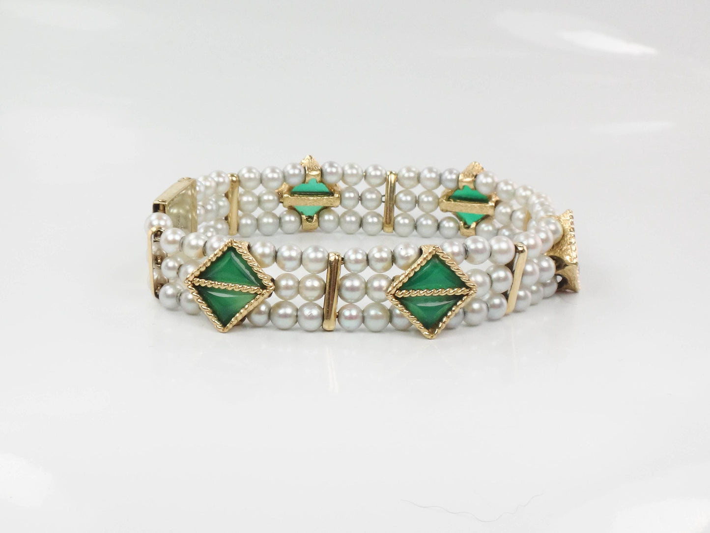 Lucien Piccard 14k Yellow Gold Triple Strand Gray Pearl Bracelet with Green Chrysoprase - Bridal Jewelry - Vintage Circa 1960’s - 7"
