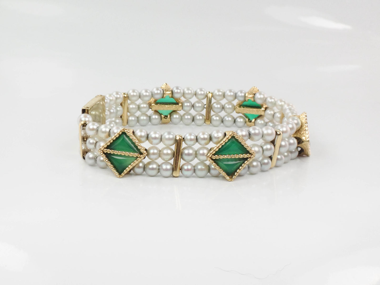 Vintage Lucien Piccard 14k Gold Gray Pearl & Chrysoprase Bracelet - 7" Triple Strand - 1960's