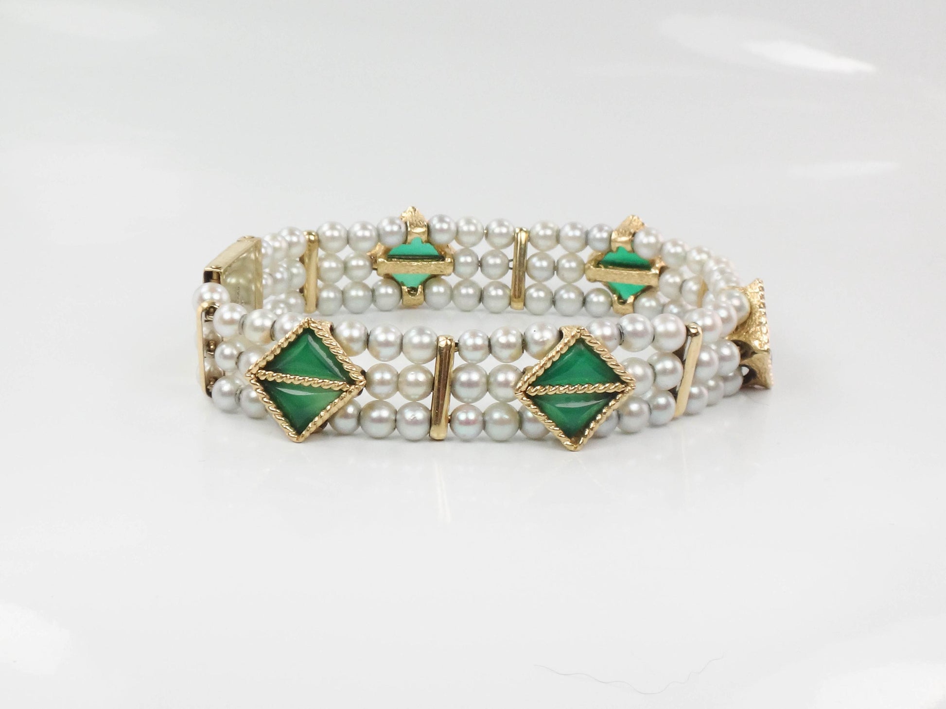 Vintage Lucien Piccard 14k Gold Gray Pearl & Chrysoprase Bracelet - 7" Triple Strand - 1960's