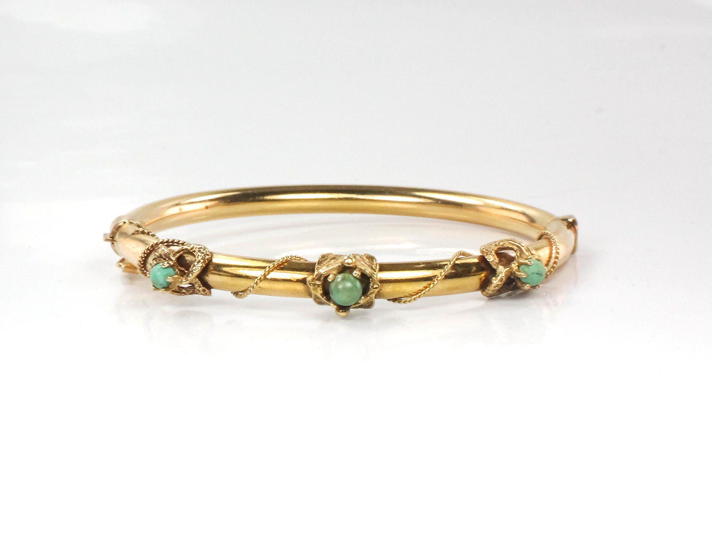 Vintage Victorian Revival 14k Yellow Gold Green Turquoise Bangle Bracelet - Small Hinged Bangle