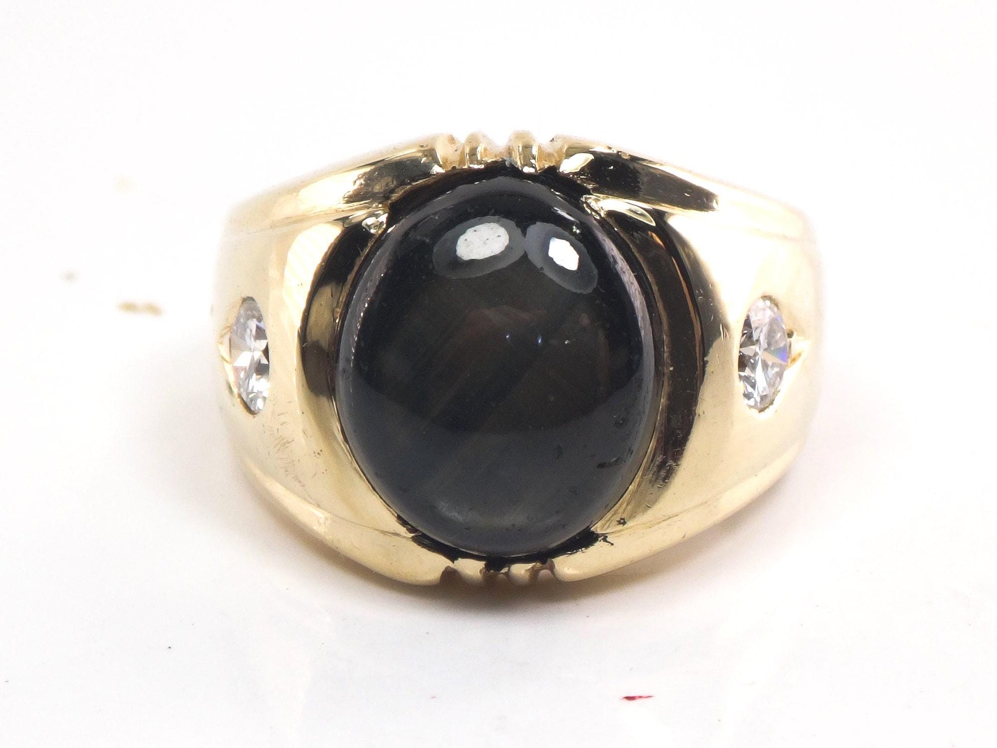 Vintage 14k Gold Natural Black Star Sapphire Ring with Diamond Accents, Size 6.5