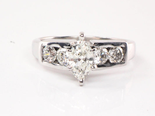18k White Gold Marquise Cut Natural Diamond Engagement Ring, Approx. .60 CT Center Vintage Diamond Ring - Size 8